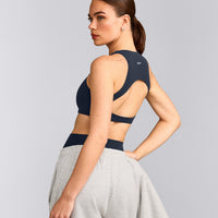 SoftMotion™ High Neck Sports Bra with Gray Logo | True Blue