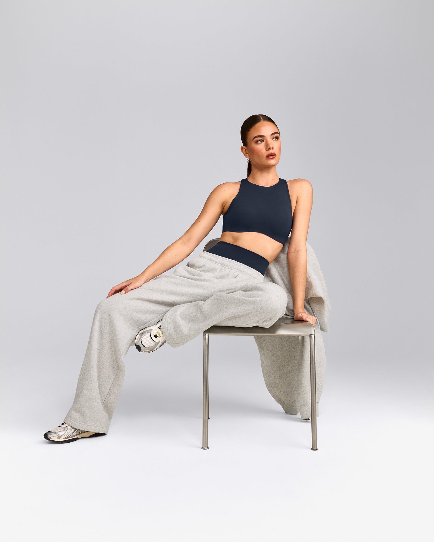 SoftMotion™ High Neck Sports Bra with Gray Logo | True Blue