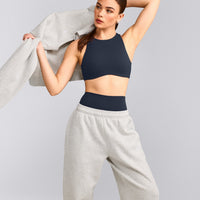 SoftMotion™ High Neck Sports Bra with Gray Logo | True Blue