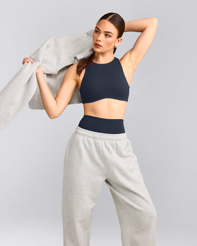 SoftMotion™ High Neck Sports Bra with Gray Logo | True Blue