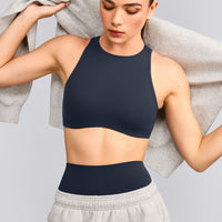 SoftMotion™ High Neck Sports Bra with Gray Logo | True Blue