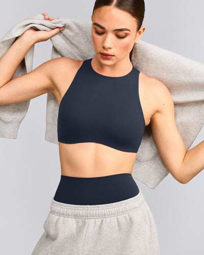 SoftMotion™ High Neck Sports Bra with Gray Logo | True Blue