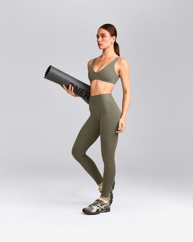 SoftMotion™ High Waisted Leggings with Gray Logo | Alpine Green