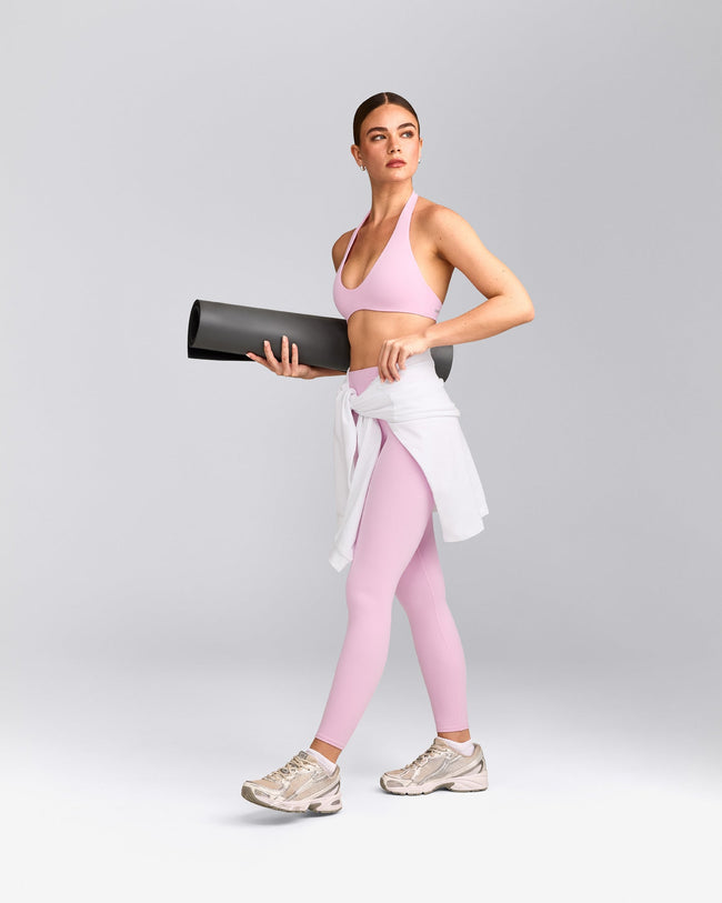 SoftMotion™ High Waisted Leggings with Gray Logo | Chalk Pink
