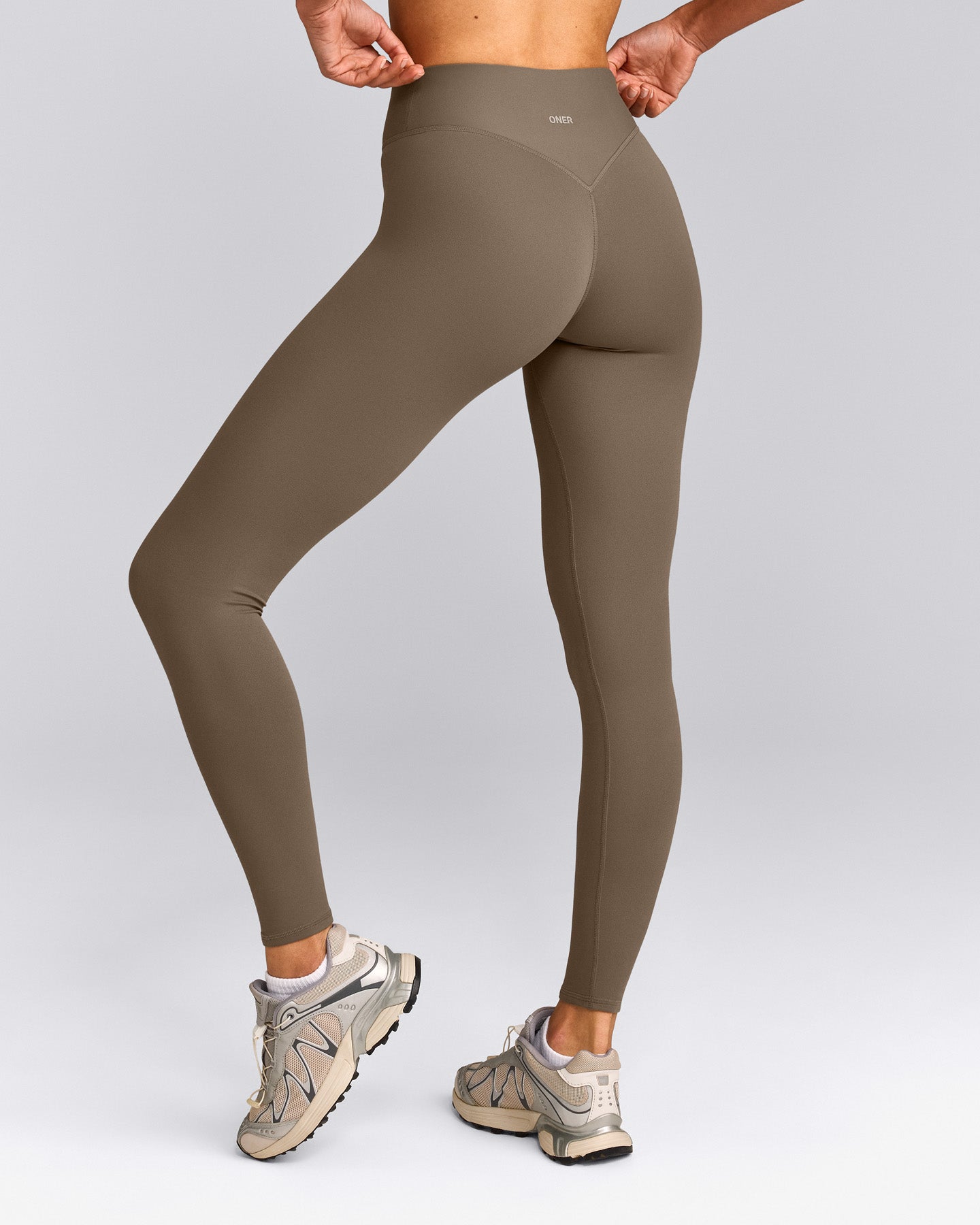 SoftMotion™ High Waisted Leggings with Gray Logo | Moss Brown