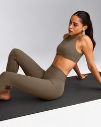 SoftMotion™ High Waisted Leggings with Gray Logo | Moss Brown