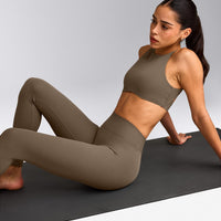 SoftMotion™ High Waisted Leggings with Gray Logo | Moss Brown