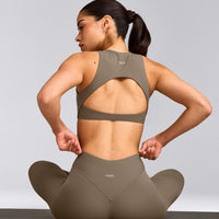 SoftMotion™ High Waisted Leggings with Gray Logo | Moss Brown