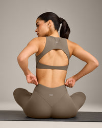 SoftMotion™ High Waisted Leggings with Gray Logo | Moss Brown