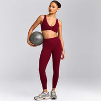 SoftMotion™ High Waisted Leggings with Gray Logo | Ruby Red