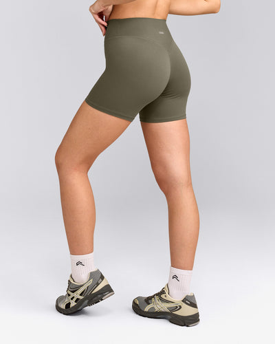 SoftMotion™ High Waisted Shorts 6" with Gray Logo | Alpine Green