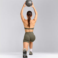 SoftMotion™ High Waisted Shorts 6" with Gray Logo | Alpine Green