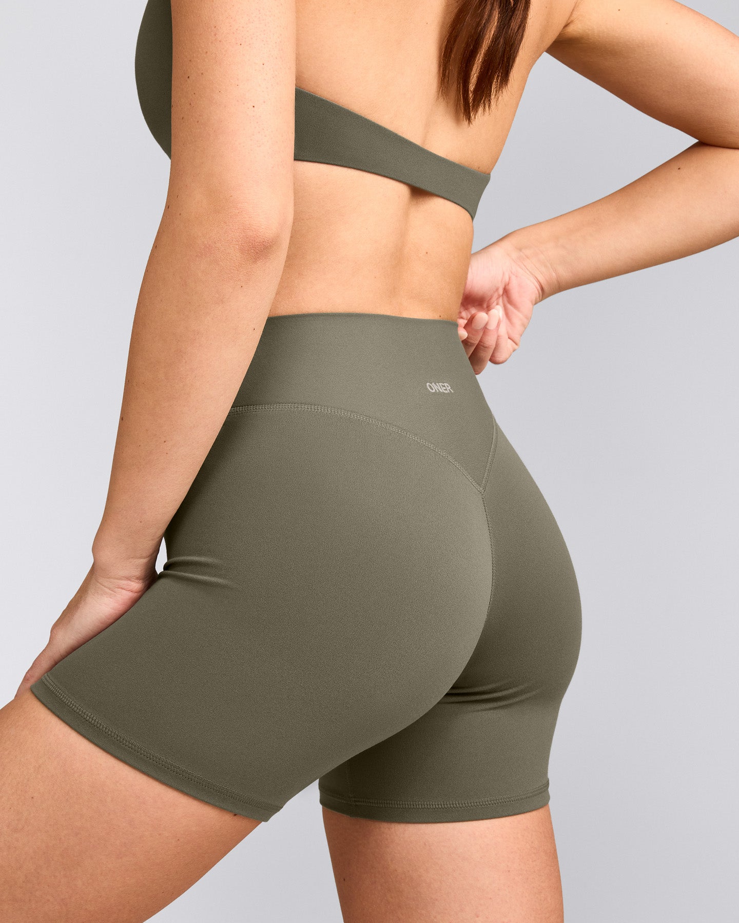 SoftMotion™ High Waisted Shorts 6" with Gray Logo | Alpine Green