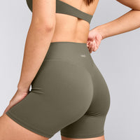 SoftMotion™ High Waisted Shorts 6" with Gray Logo | Alpine Green