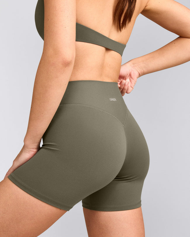 SoftMotion™ High Waisted Shorts 6" with Gray Logo | Alpine Green