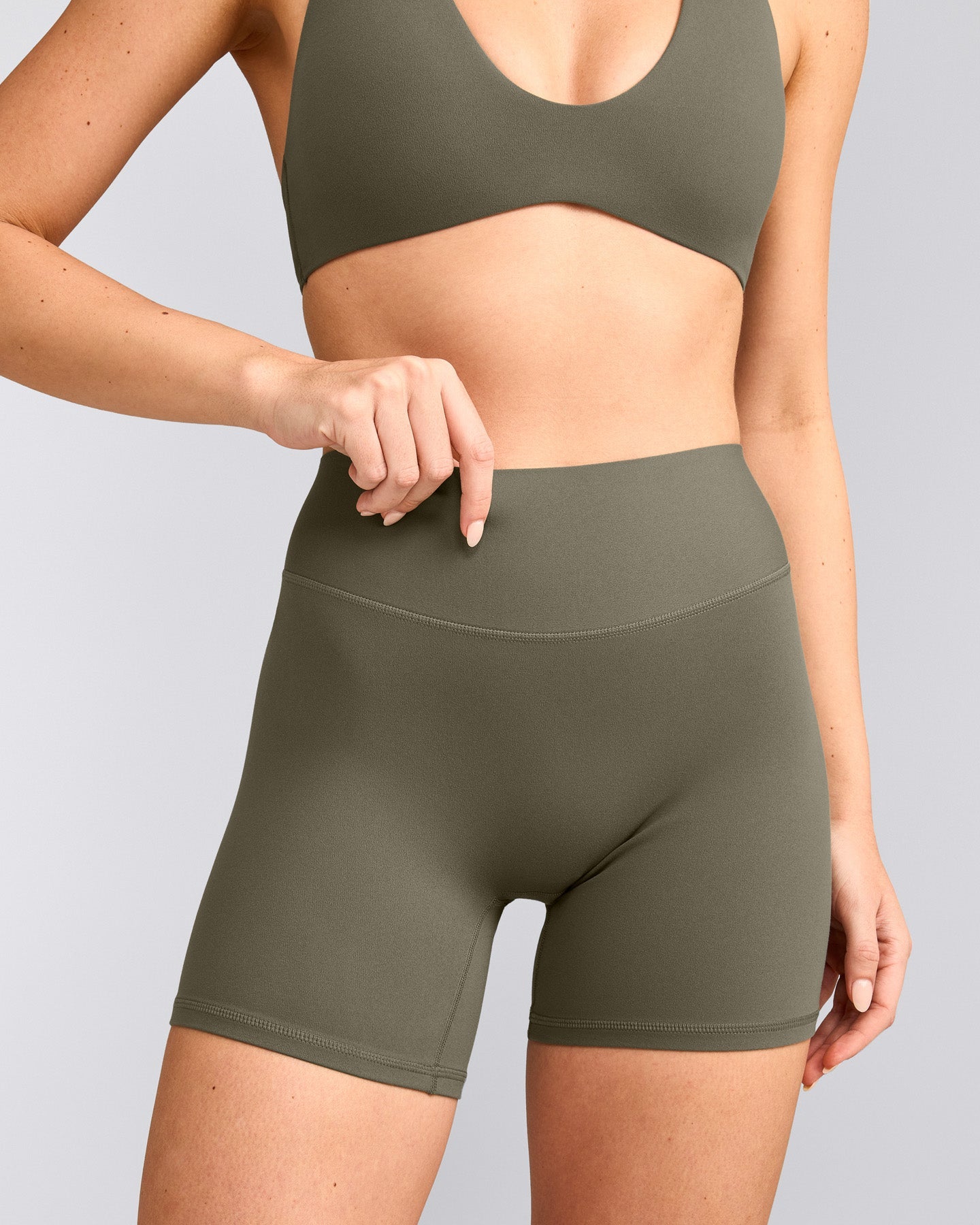 SoftMotion™ High Waisted Shorts 6" with Gray Logo | Alpine Green
