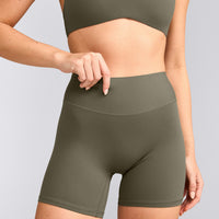 SoftMotion™ High Waisted Shorts 6" with Gray Logo | Alpine Green
