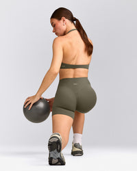 SoftMotion™ High Waisted Shorts 6" with Gray Logo | Alpine Green