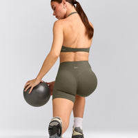 SoftMotion™ High Waisted Shorts 6" with Gray Logo | Alpine Green