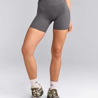 SoftMotion™ High Waisted Shorts 6" with Gray Logo | Ash Gray