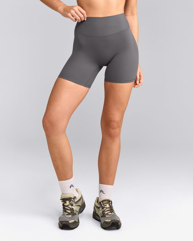 SoftMotion™ High Waisted Shorts 6" with Gray Logo | Ash Gray