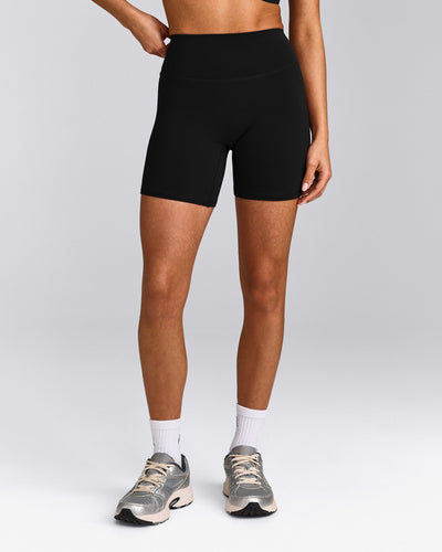 SoftMotion™ High Waisted Shorts 6" with Gray Logo | Black