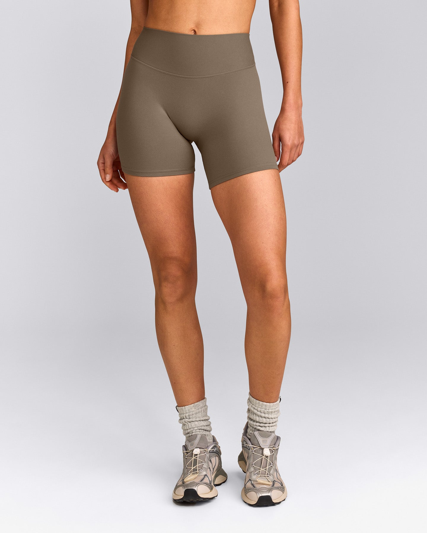 SoftMotion™ High Waisted Shorts 6" with Gray Logo | Moss Brown