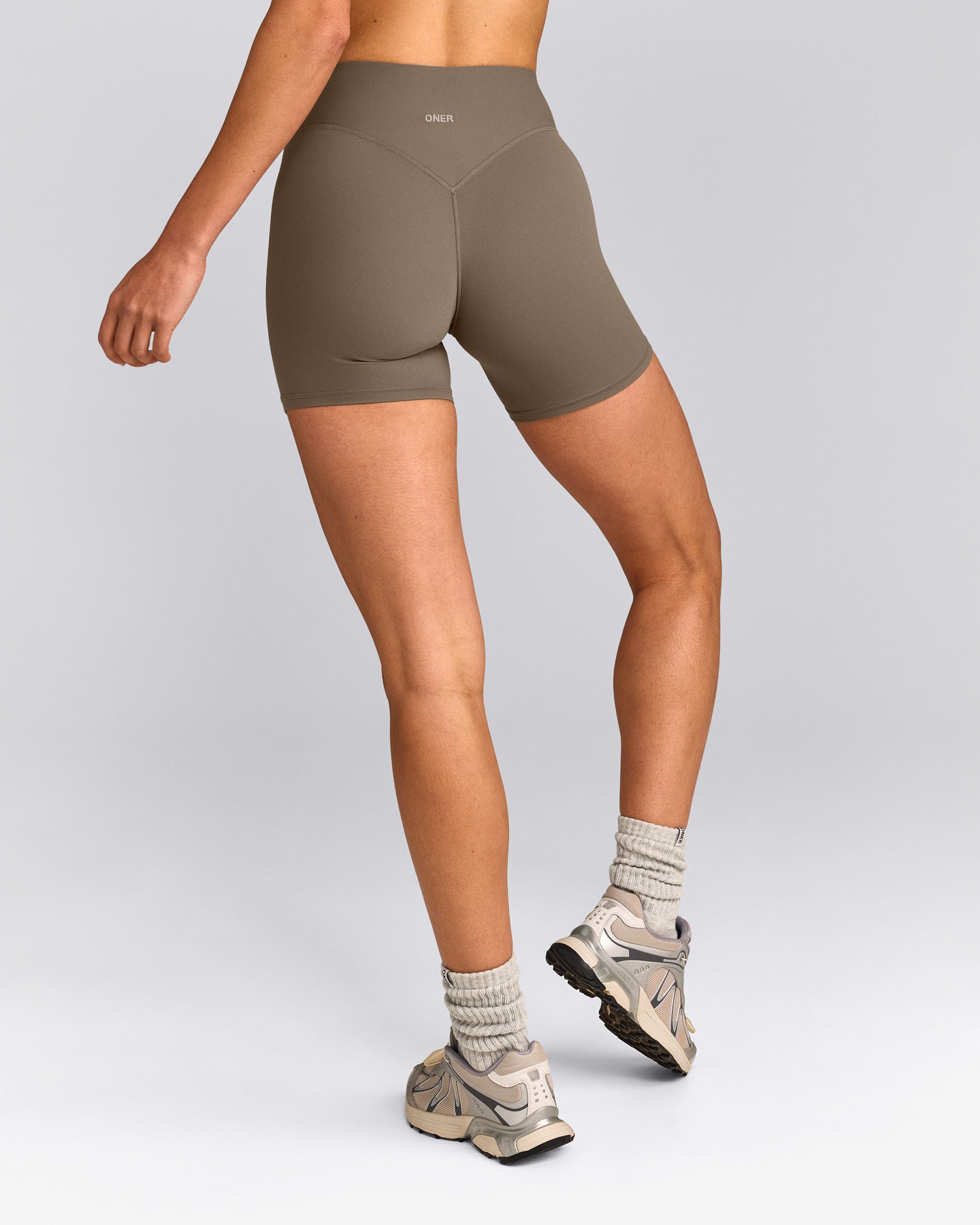 SoftMotion™ High Waisted Shorts 6" with Gray Logo | Moss Brown