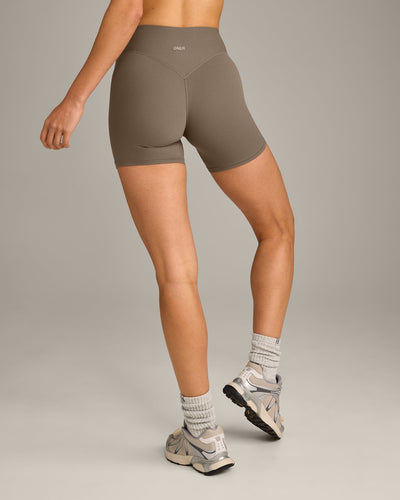 SoftMotion™ High Waisted Shorts 6" with Gray Logo | Moss Brown