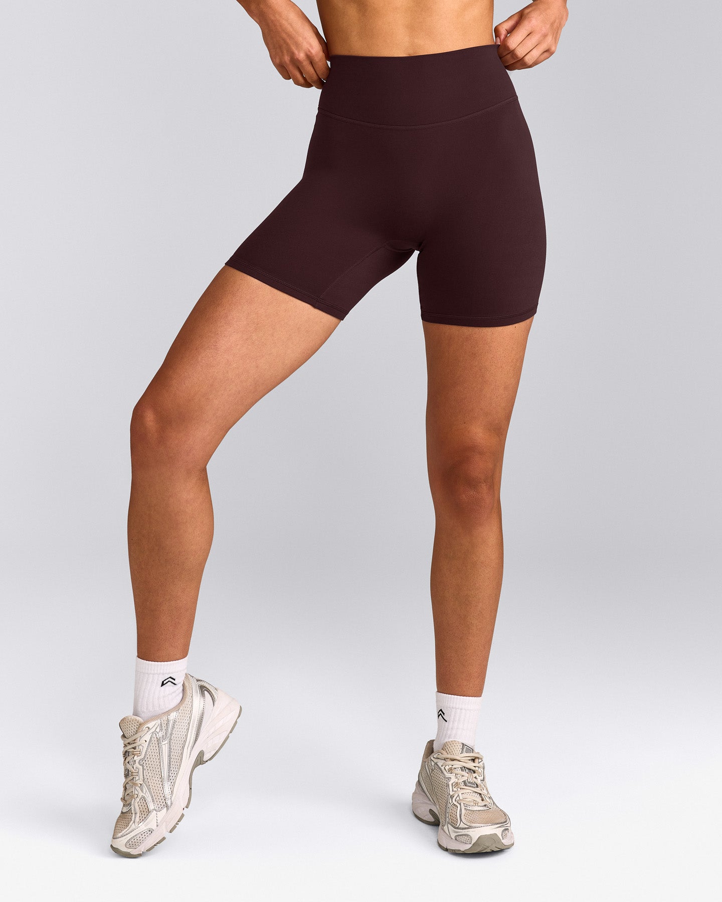 SoftMotion™ High Waisted Shorts 6" with Gray Logo | Plum Brown