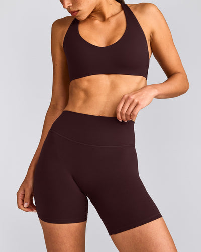 SoftMotion™ High Waisted Shorts 6" with Gray Logo | Plum Brown