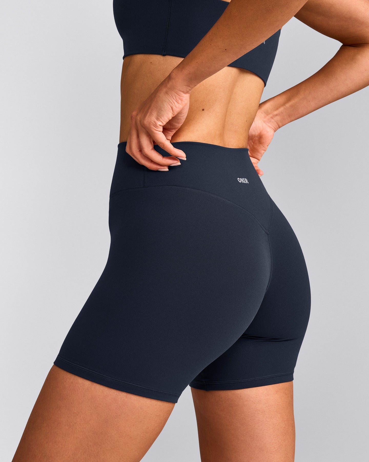 SoftMotion™ High Waisted Shorts 6" with Gray Logo | True Blue