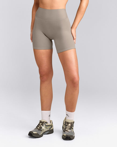 SoftMotion™ High Waisted Shorts 6" with White Logo | Warm Sand
