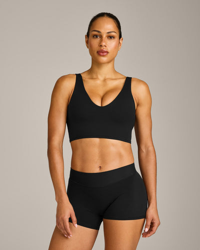 SoftMotion™ Longline Sports Bra with Gray Logo | Black
