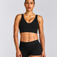SoftMotion™ Longline Sports Bra with Gray Logo | Black