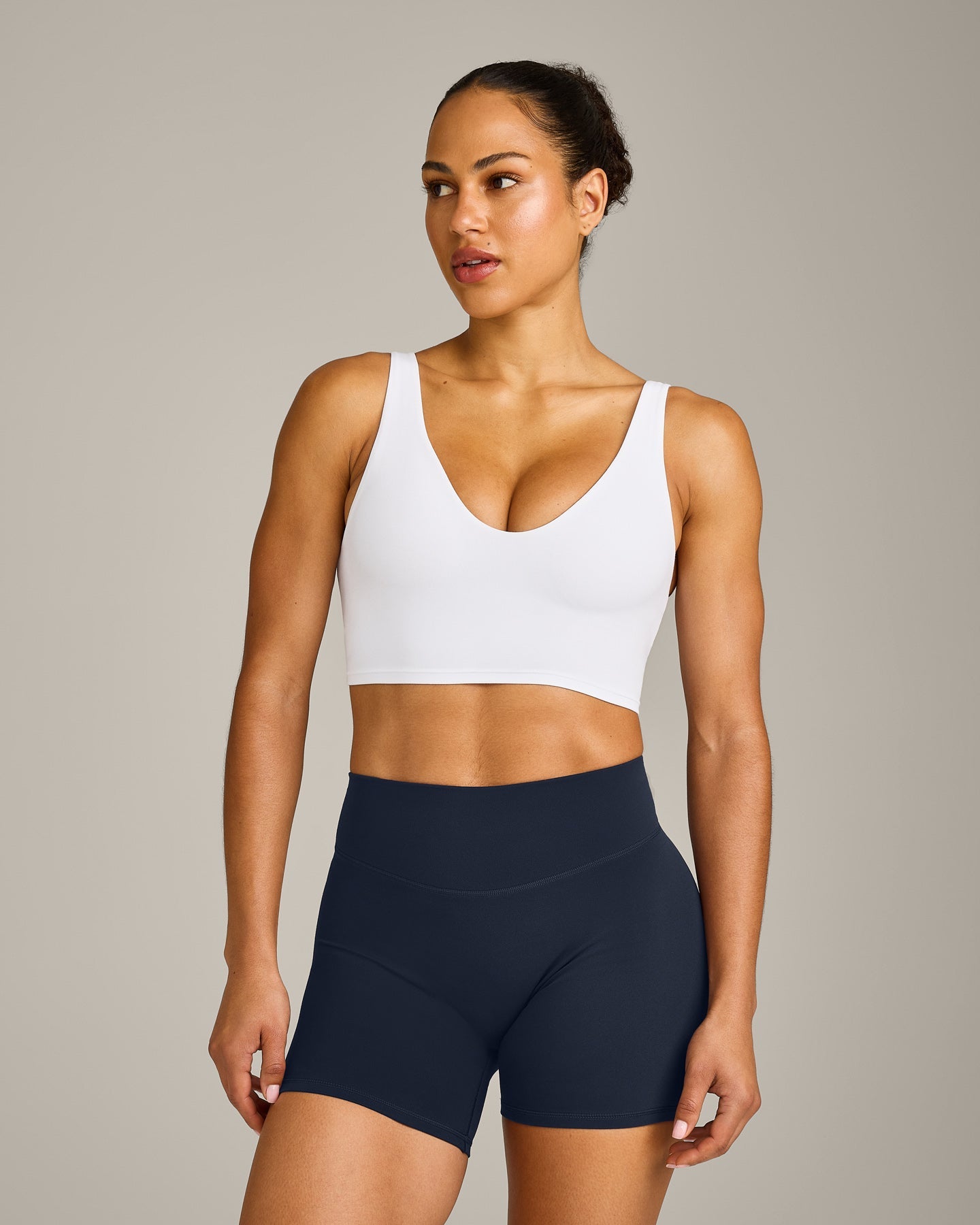 SoftMotion™ Longline Sports Bra with Gray Logo | White