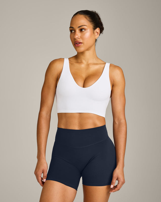 SoftMotion™ Longline Sports Bra with Gray Logo | White