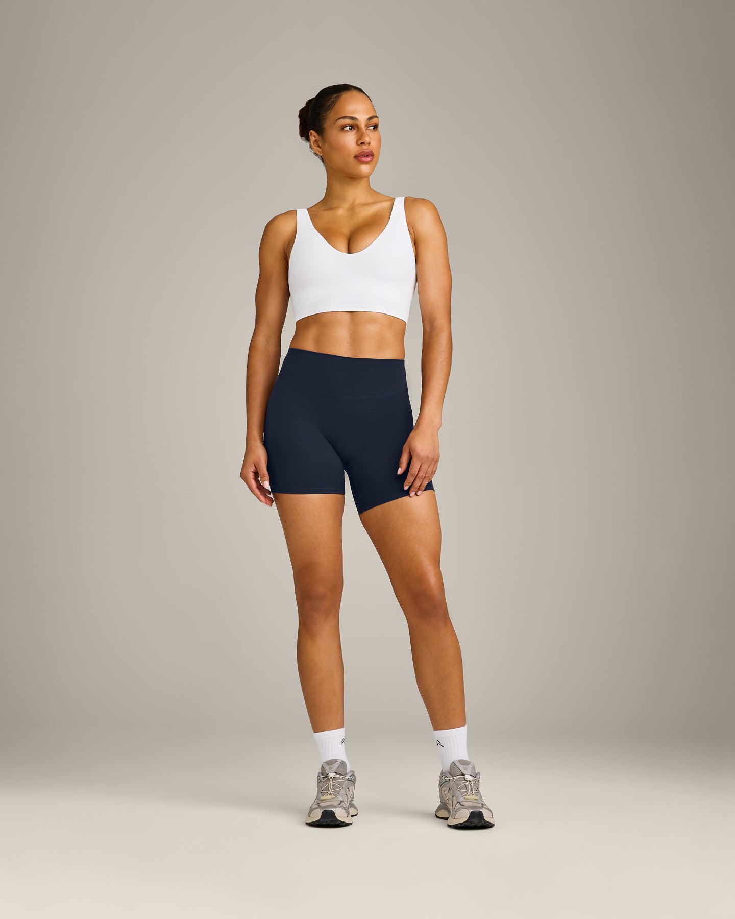 SoftMotion™ Longline Sports Bra with Gray Logo | White