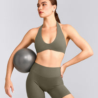 SoftMotion™ Minimal Halter Neck Bralette with Gray Logo | Alpine Green