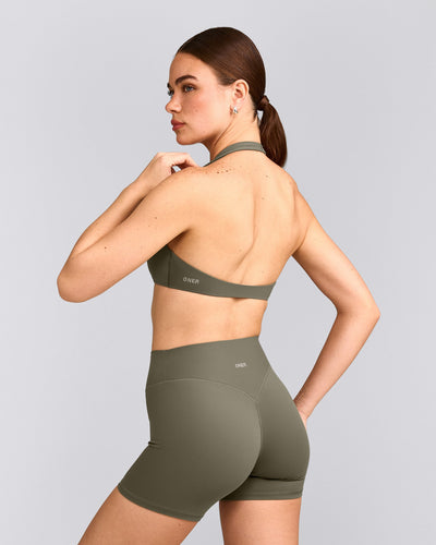 SoftMotion™ Minimal Halter Neck Bralette with Gray Logo | Alpine Green