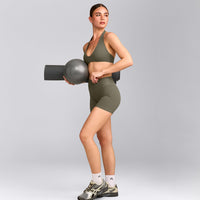 SoftMotion™ Minimal Halter Neck Bralette with Gray Logo | Alpine Green
