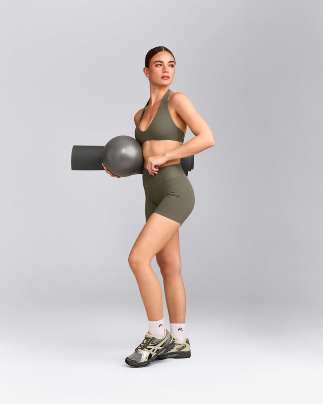 SoftMotion™ Minimal Halter Neck Bralette with Gray Logo | Alpine Green