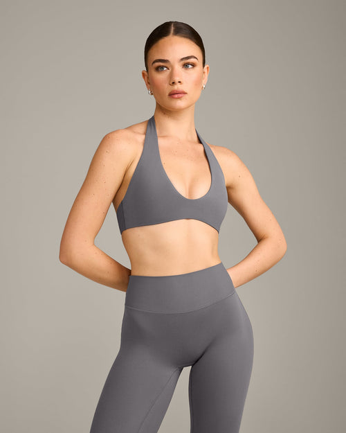 SoftMotion™ Minimal Halter Neck Bralette with Gray Logo | Ash Gray
