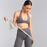 SoftMotion™ Minimal Halter Neck Bralette with Gray Logo | Ash Gray