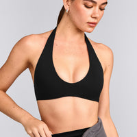 SoftMotion™ Minimal Halter Neck Bralette with Gray Logo | Black