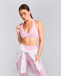 SoftMotion™ Minimal Halter Neck Bralette with Gray Logo | Chalk Pink