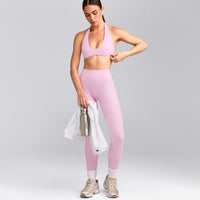 SoftMotion™ Minimal Halter Neck Bralette with Gray Logo | Chalk Pink