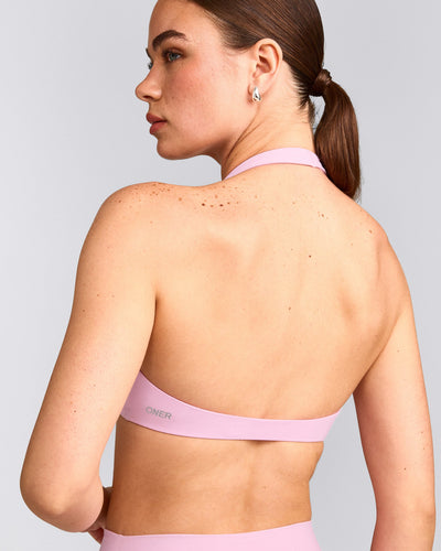 SoftMotion™ Minimal Halter Neck Bralette with Gray Logo | Chalk Pink
