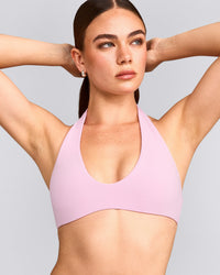 SoftMotion™ Minimal Halter Neck Bralette with Gray Logo | Chalk Pink