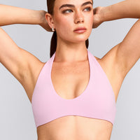 SoftMotion™ Minimal Halter Neck Bralette with Gray Logo | Chalk Pink